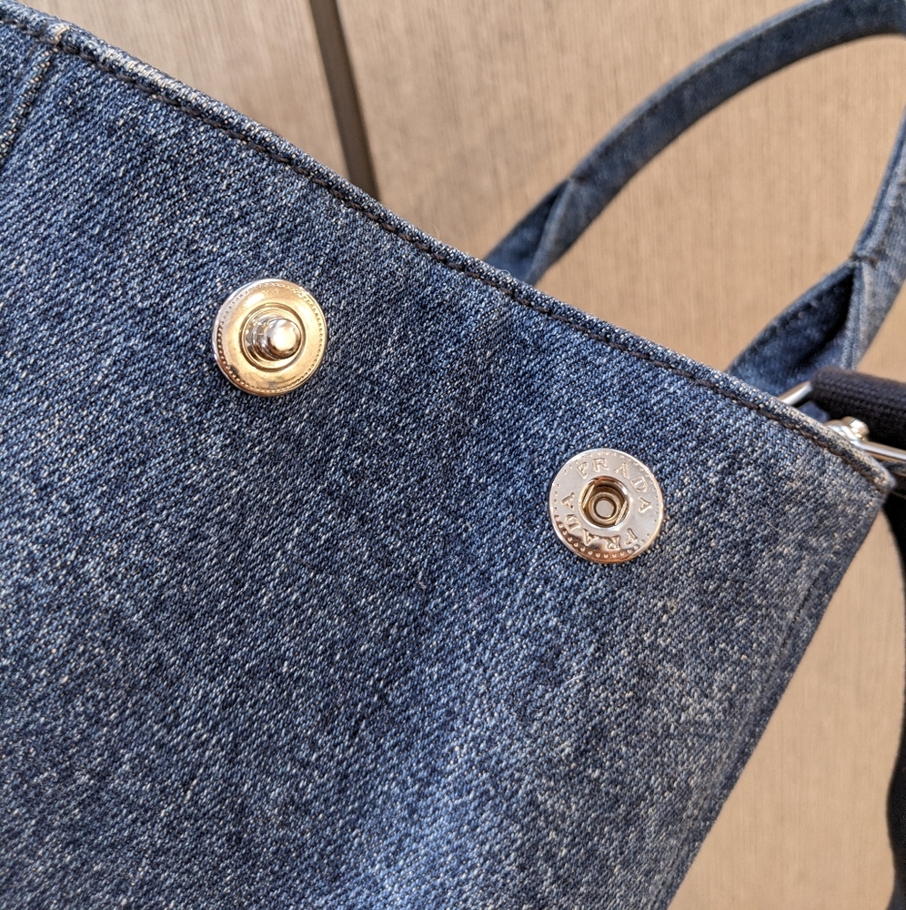 Prada: Denim Rhinestone Bijoux Canapa Crossbody Tote Bag ๐ - Picture 14 of 17
